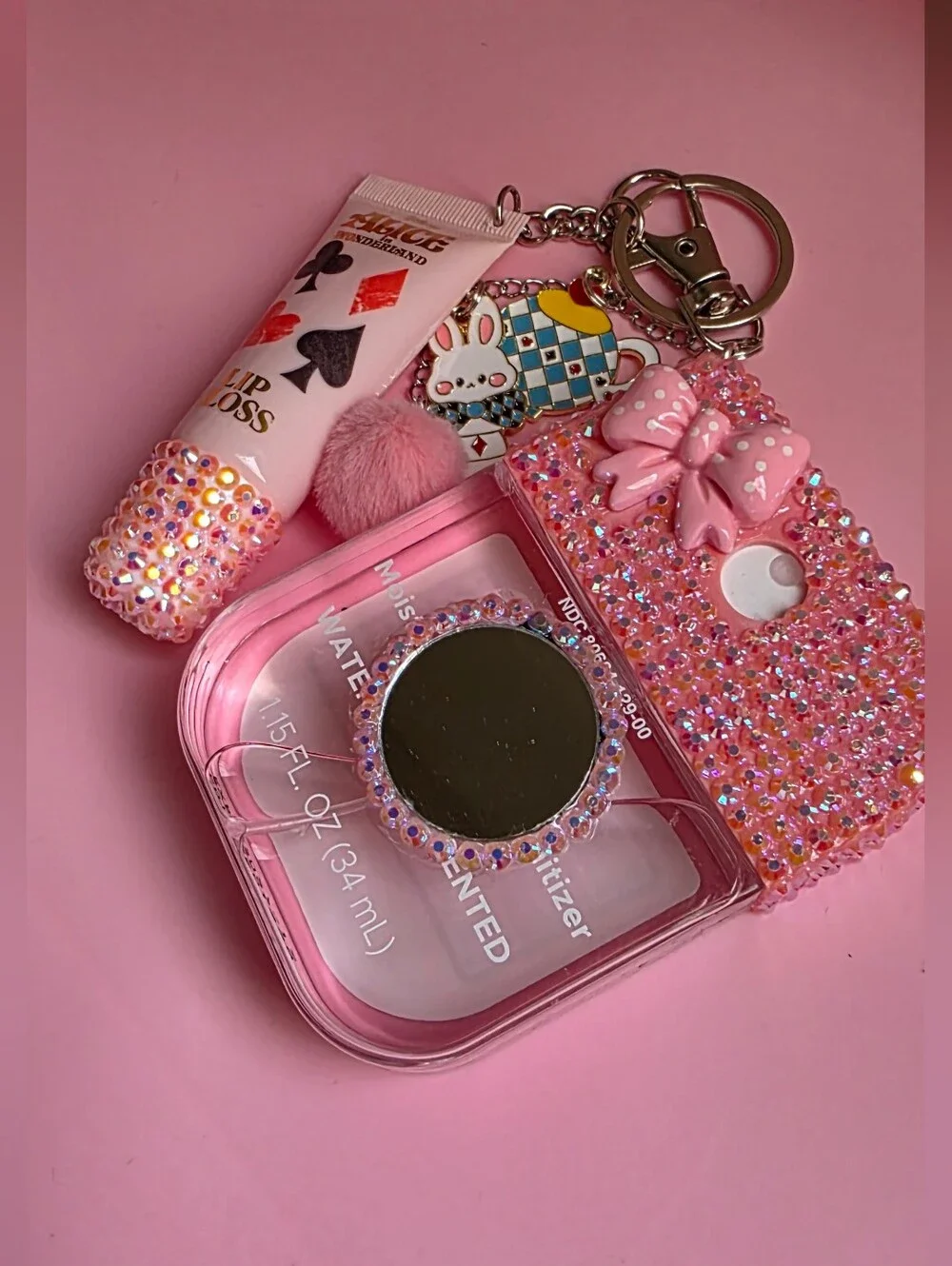 Disney Alice And Wonderland Crystal Bling Hand Sanitizer Keychain with Mirror